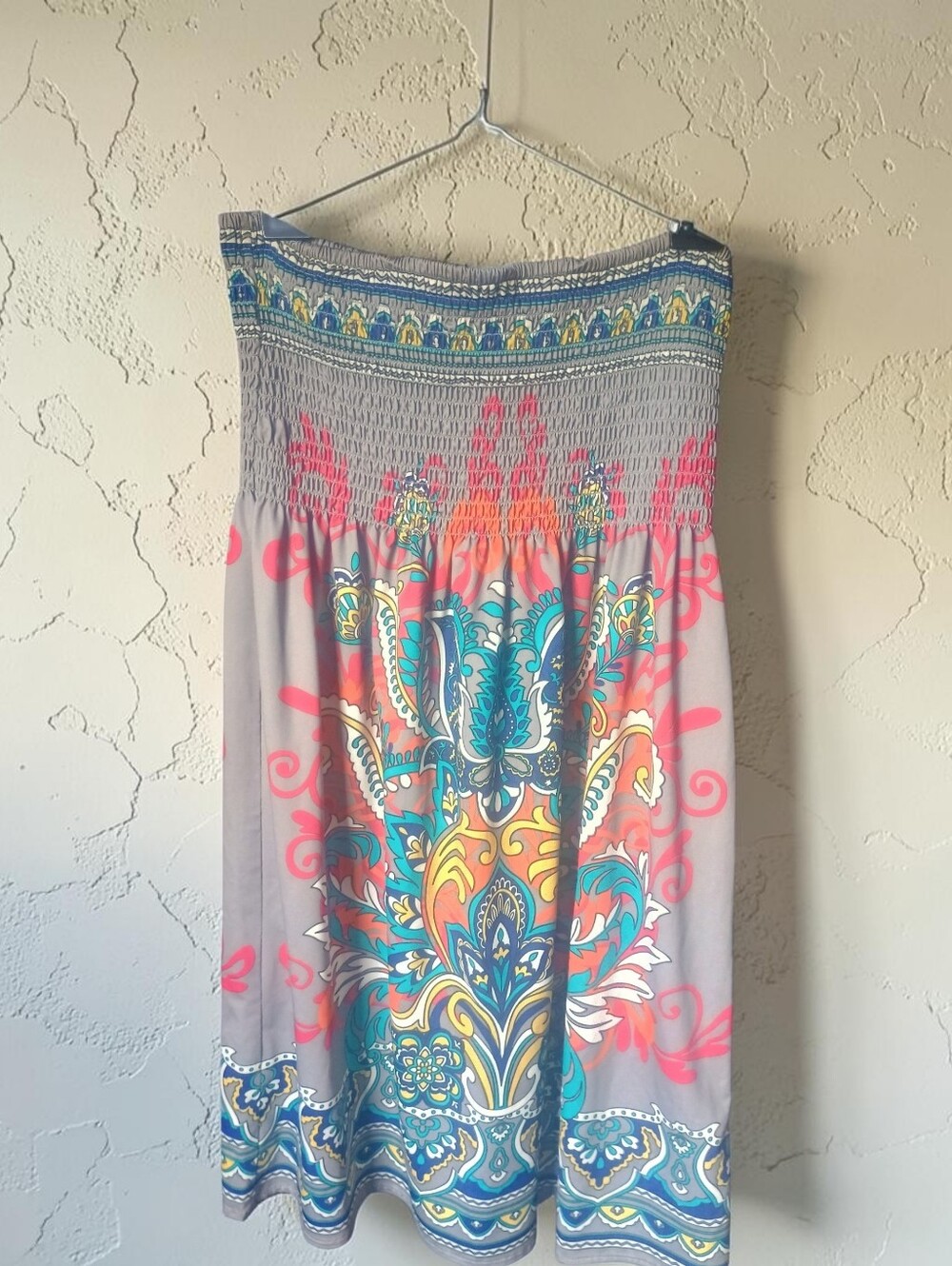 Flying Tomato Gray Strapless Boho Print Dress with Teal & Coral Accents